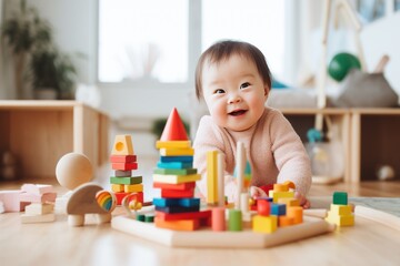 Asian child with Down syndrome plays with educational toys and smiles