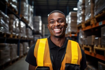 a darkskinned male warehouse worker in a vest stands against the background of a warehouse with boxes