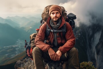 Young male tourist with a large backpack in the mountains and looking at the camera - obrazy, fototapety, plakaty