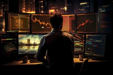 An investor making decisions in a dimly lit room, the glow of screens reflecting off their face, encapsulating the intensity of late-night trading.