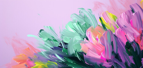 Abstract expressionist brush strokes in a riot of spring greens and pinks against a dusky purple canvas - obrazy, fototapety, plakaty