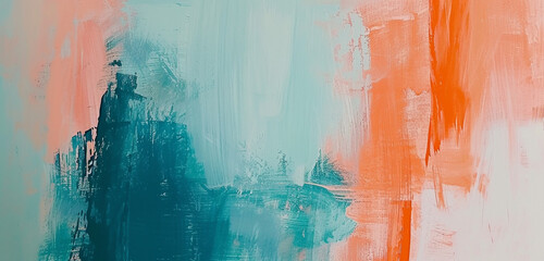 Abstract expressionist brush strokes in a blend of orange and teal against a powder blue canvas