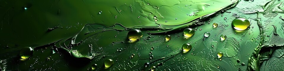 Green abstract background with oil paint and drops. Generative AI