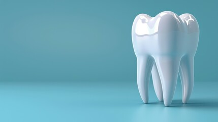 White glossy tooth on blue background, stomatology and dentistry. Generative AI - obrazy, fototapety, plakaty