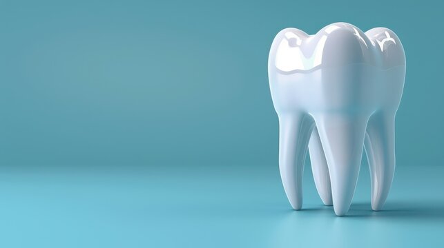White glossy tooth on blue background, stomatology and dentistry. Generative AI
