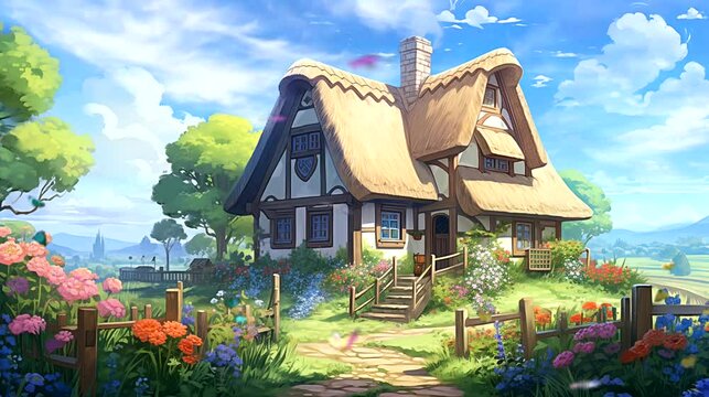 A charming English thatched cottage adorned with colorful flower gardens and butterfly. Fantasy landscape anime or cartoon style, seamless looping 4k time-lapse virtual video animation background