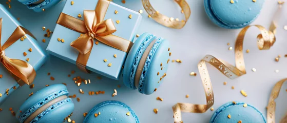 Keuken spatwand met foto Blue macarons in gift box on blue background with golden decoration. Pastry food mockup.Spring women'smock up. Layout, flat lay. Generative ai © Inai