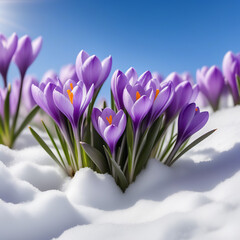 Crocuses and snowdrops on a background of snow