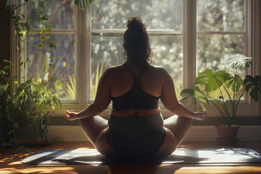 Beautiful plus size black woman practices yoga during a tranquil morning, sunlight filtering through the window, creating a serene atmosphere.
- Powered by Adobe