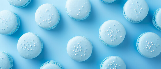 Set of blue macarons with decorations on blue background. Layout. Pastry food mockup.Flat lay. Minimal. Generative ai