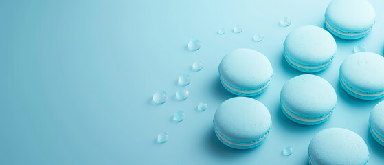 Set of blue macarons with decorations on blue background. Layout. Pastry food mockup.Flat lay. Minimal. Generative ai