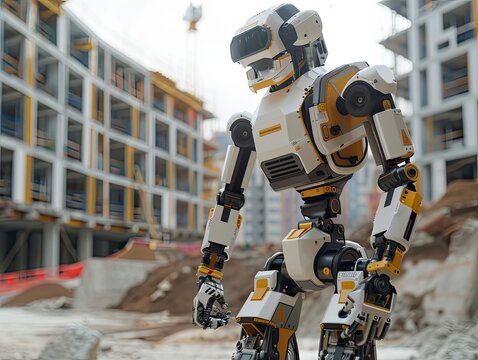 A state-of-the-art robot equipped with sensors and cameras stands amid a construction site, showcasing the integration of robotics in engineering and construction.