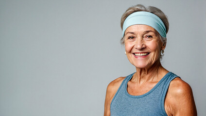 Senior citizen wearing gym clothes and a headband stands confidently smiling while looking at the camera on a clean background