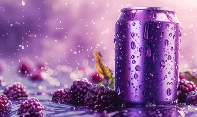 Poster chilled purple soda can with water droplets among fresh blackberries on a violet backdrop © Klay