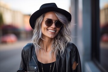 Portrait of a beautiful young woman wearing hat and sunglasses in urban background
