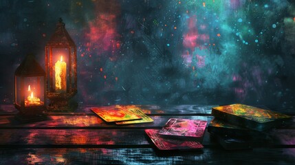 Digital painting of tarot cards in a magical setting, watercolor effects