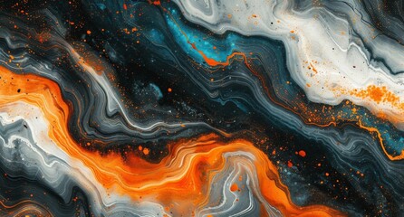 Vibrant Abstract Painting with Orange, Black, and White Swirls Creating Dynamic and Energetic Composition - obrazy, fototapety, plakaty