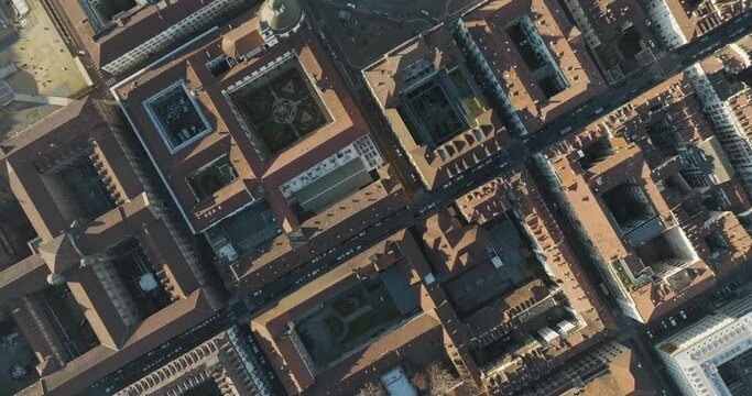 Aerial view of Piazza Carlo Emanuele II in Turin downtown at sunset, Turin, Piedmont, Italy.