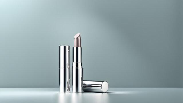 3D Futuristic Silver Lipstick on Clean Pastel Background. Conceptual Makeup Cosmetic Product Mockup Design.