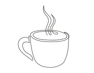 Line art of a hot cup with steam. Coffee or tea mug. Continuous one line drawing. Isolated on white backdrop. Design element for print, postcard, scrapbooking. Concept of hot beverage, drink.