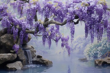 Scenic landscape painting of a tree with purple flowers in front of a waterfall and pond in nature