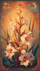 a colorful illustration in the Mucha style, featuring a graceful gladiolus flower