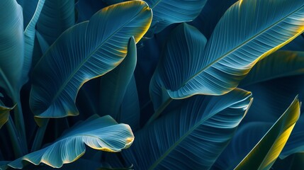 Extreme close-up captures the ethereal beauty of banana leaves under moonlight, swaying to calming rhythms.