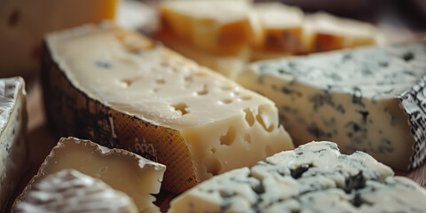 Assorted Gourmet Cheese Selection. Close-up of a variety of cheeses in gourmet cheese platter, perfect for culinary themes background. - obrazy, fototapety, plakaty