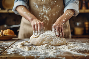 Obraz premium Woman preparing bread dough on wooden table 