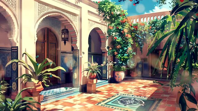 A traditional Moroccan riad with ornate tilework and lush courtyard gardens. Fantasy landscape anime or cartoon style, seamless looping 4k time-lapse virtual video animation background