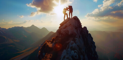A hiker man helping his friend to reach the top of the hill in a mountain. Success concept. Wilderness photograph generated by AI tools. - 741417046