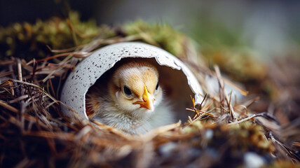 A little cute chick, newborn hatchling is peeking out from a chicken egg. - 741417497