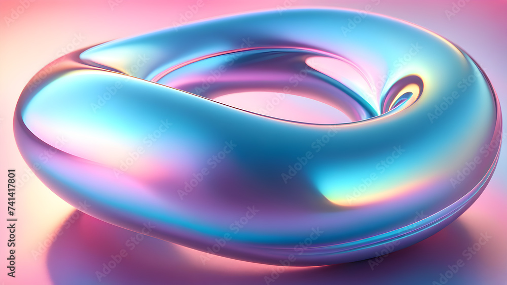 Poster metallic-3d-fluid-shape-holographic-texture-floats-against-soft-pastel-gradient-background
