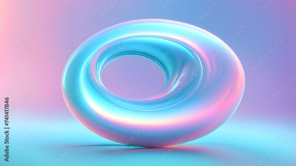 Poster metallic-3d-fluid-shape-holographic-texture-floats-against-soft-pastel-gradient-background