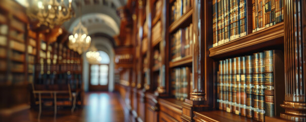 Classic Library Interior with many Vintage Books. Close-up  of elegant library featuring shelves of...
