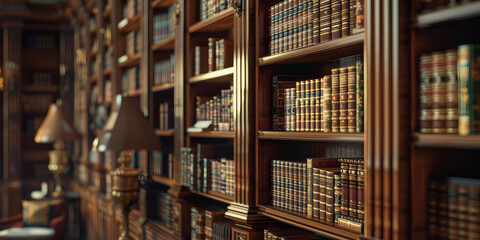 Classic Library Interior with many Vintage Books. Close-up  of elegant library featuring shelves of old leather-bound books, rich textures.