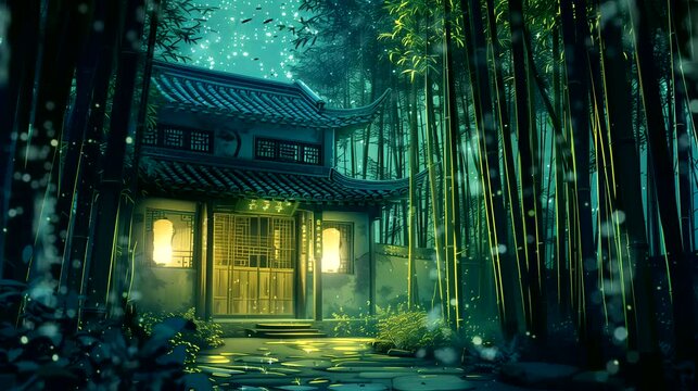 An ancient Chinese courtyard house with intricate wooden carvings at night. Fantasy landscape anime or cartoon style, seamless looping 4k time-lapse virtual video animation background