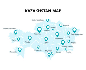 Kazakhstan map. Showing big cities, capital Astana, administrative divisions