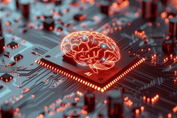 Fototapeta na wymiar AI Brain Chip mental representation. Artificial Intelligence interpretable machine learning mind stroke axon. Semiconductor data mining circuit board it strategy