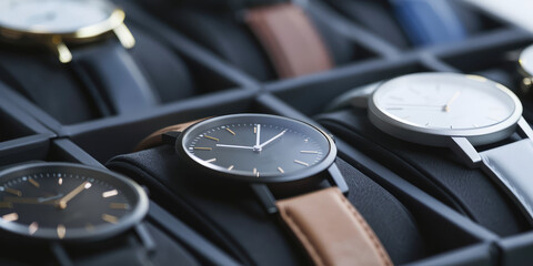 Elegant black Minimalist Watches in Display Case. Close-up of luxury minimal style wristwatches with leather straps showcased in a jewelry organizer.