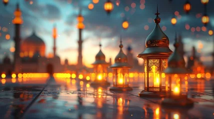 Fotobehang Peaceful 3D Ramadan scene with illuminated minarets © vectorizer88