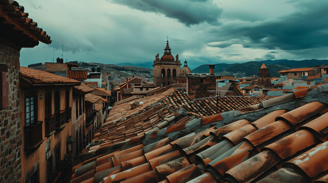 Fototapeta View of rooftops in Cuzco cityscape.