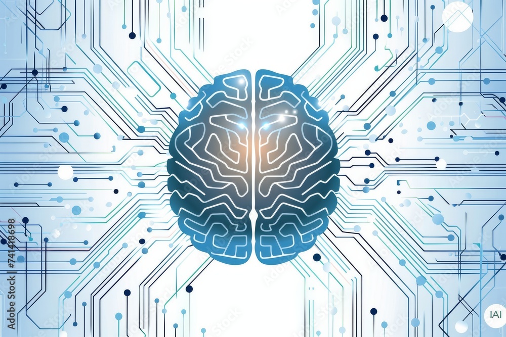 Poster ai brain chip neurotransmitter distribution. artificial intelligence pet mind brain synapse axon. se