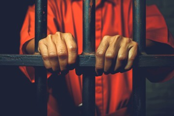Close-up of a prisoner hands holding onto jail bars