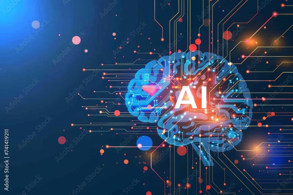 Poster ai brain chip automated ct analysis. artificial intelligence grid cell mind neon pink lemonade axon.