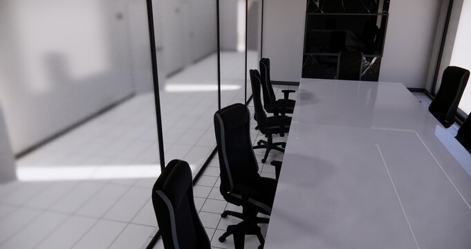 Meeting room interior with a long table surrounded by chairs. There is a large panoramic window with an x shaped pattern. Cityscape. 3d rendering. Mock up