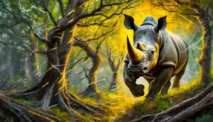 Stormborne Sentinel: Rhino Thundering through Twisted Timbe - obrazy, fototapety, plakaty