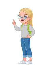 Cute little school girl in glasses index finger pointing up with idea. Cartoon vector illustration.