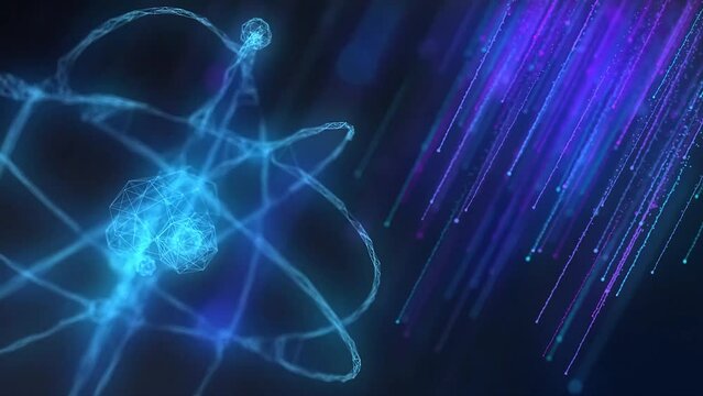 3D Rendered Animated Glowing Holographic View Atomic Structure With Electrons Orbiting The Nucleus.