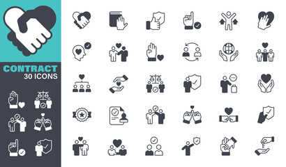 Contract Icons set. Solid icon collection. Vector graphic elements, Icon Symbol, Communication, People, Honesty, Morality, Business, Cultures, Agreement